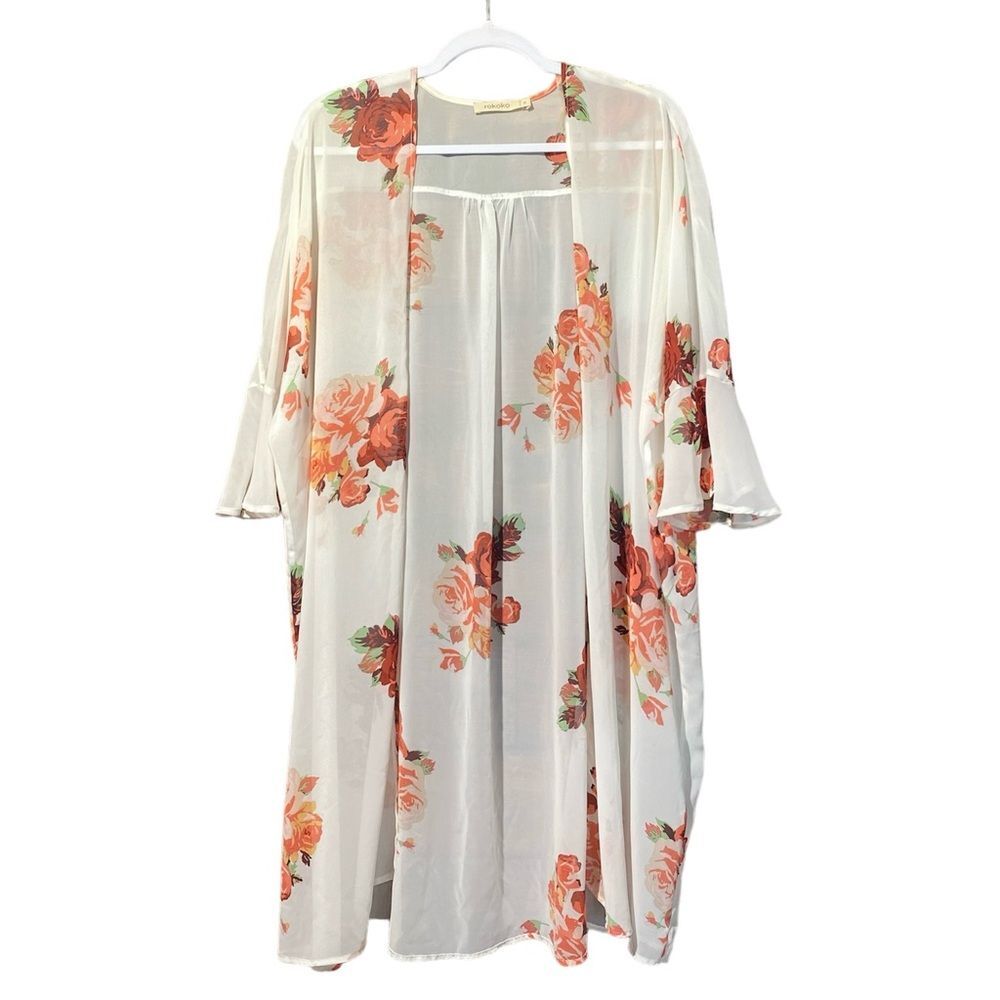 Rokoko Sheer Floral Open Front Bell Sleeve Kimono/Swim Cover Up Women's Size S